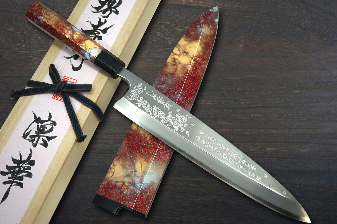 Sakai Takayuki RINKA Ginsan Silver Steel No.3 Japanese Chef's Mirrored  Mioroshi Deba 270mm with Artistic Handle and Saya Sheath