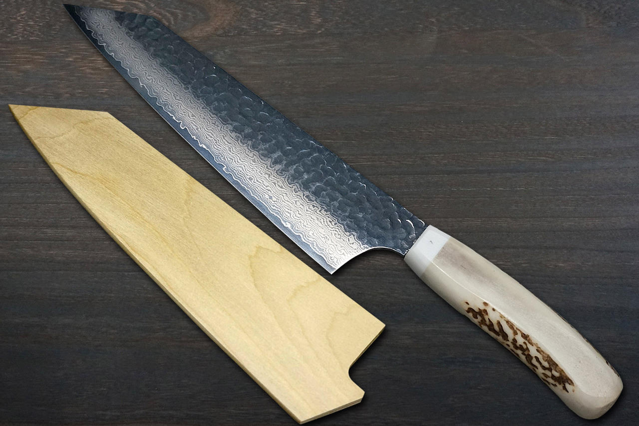 Large Damascus Chef Knife VG10 Japanese Style Hybrid Santoku  White/grey/silver Cast Pine Cone Handle, Kitchen Knife Handmade Canada 