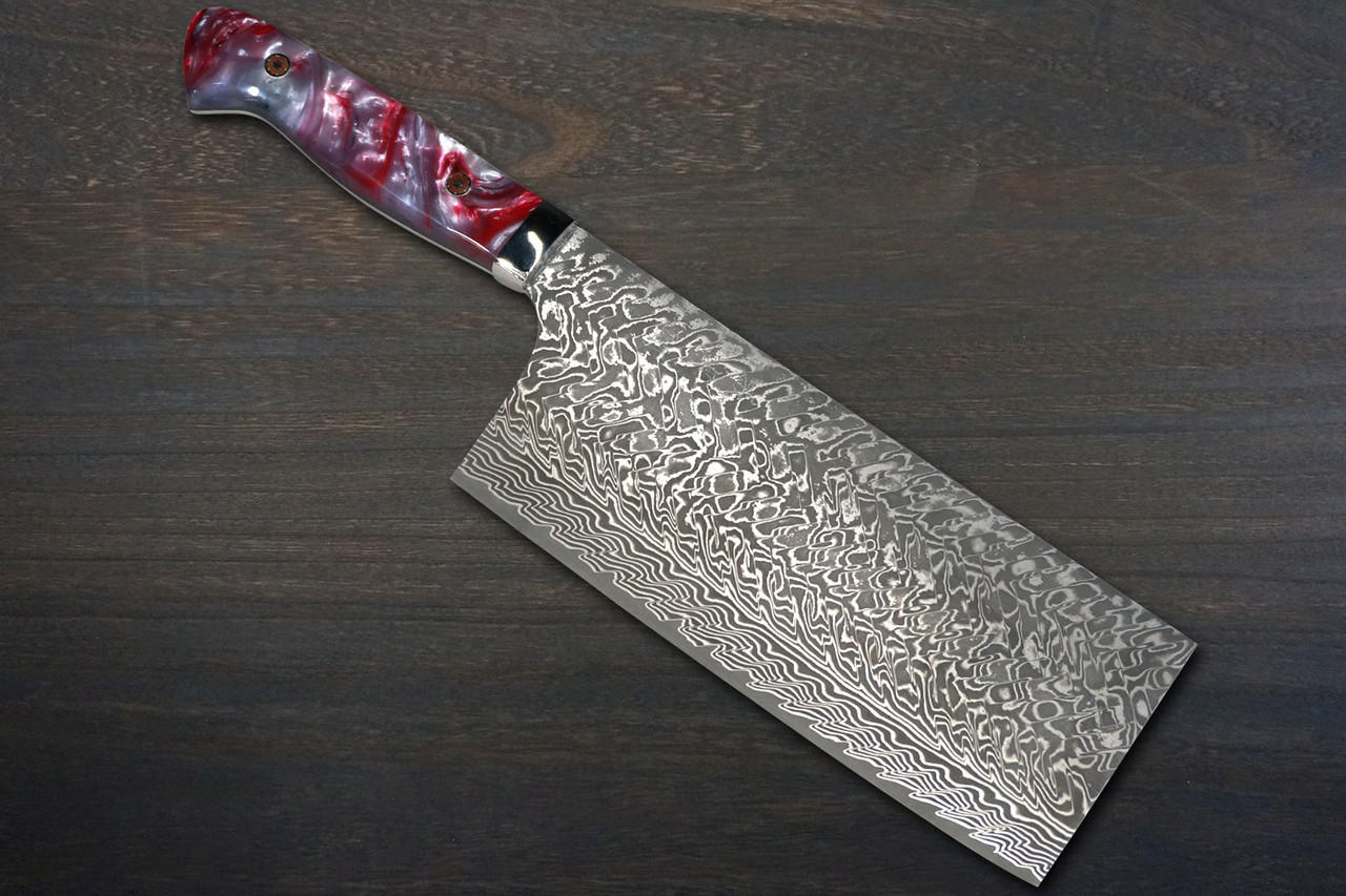 Yoshimi Kato R2 Bamboo-Hammered Japanese Chef's Kengata-Gyuto Knife 240mm  with White-Red Resin Custom Handle