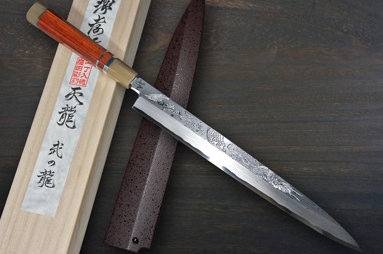 古竹　吉明刀　人物鼠彫　杖　長さ約87cm　V　R9068 堺孝行Tenryu Damascus （Aogami 2 steel） 日本厨师用柳叶刀