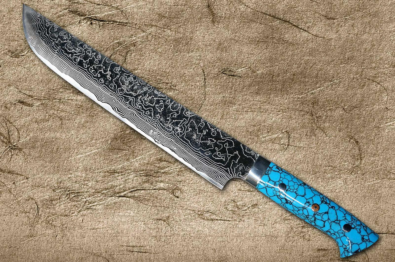 180mm Chef's Knife. Damascus AUS10 Full Tang. Layered G10 Scales (Blue –  Nacionale Bladeworks