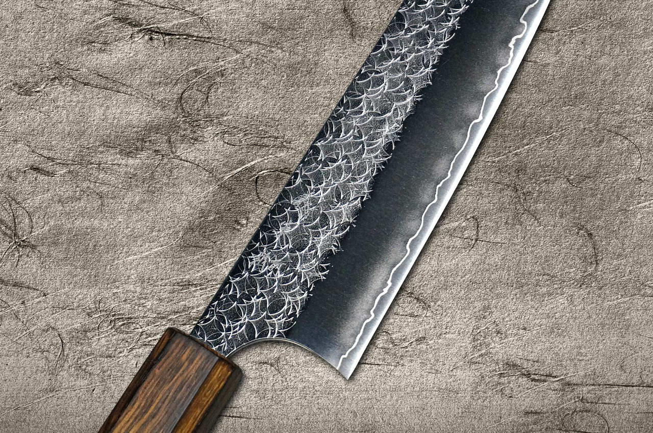 Yoshimi Kato R2 Bamboo-Hammered Japanese Chef's Kengata-Gyuto Knife 240mm  with White-Red Resin Custom Handle