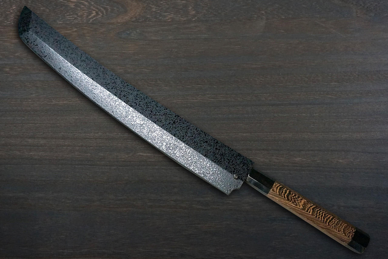 [Left Handed] Sakai Takayuki ZANGETSU ENTEN Ginsan Damascus Japanese Chef's Sakimaru-Takohiki(Sashimi) 360mm with Double Water Buffalo Ring Wenge Handle and Saya Sheath 