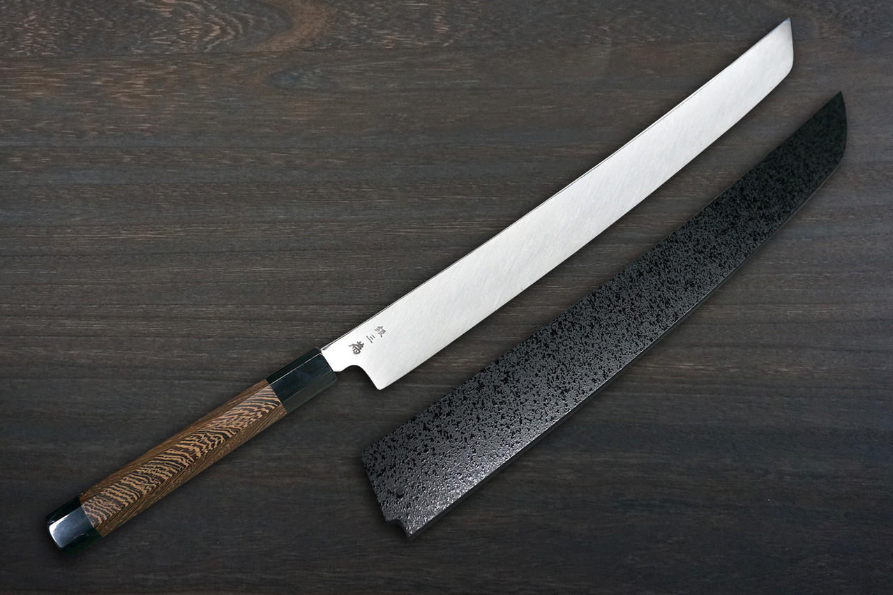 [Left Handed] Sakai Takayuki ZANGETSU ENTEN Ginsan Damascus Japanese Chef's Sakimaru-Takohiki(Sashimi) 360mm with Double Water Buffalo Ring Wenge Handle and Saya Sheath 