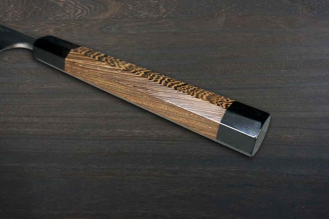 [Left Handed] Sakai Takayuki ZANGETSU ENTEN Ginsan Damascus Japanese Chef's Sakimaru-Takohiki(Sashimi) 360mm with Double Water Buffalo Ring Wenge Handle and Saya Sheath 