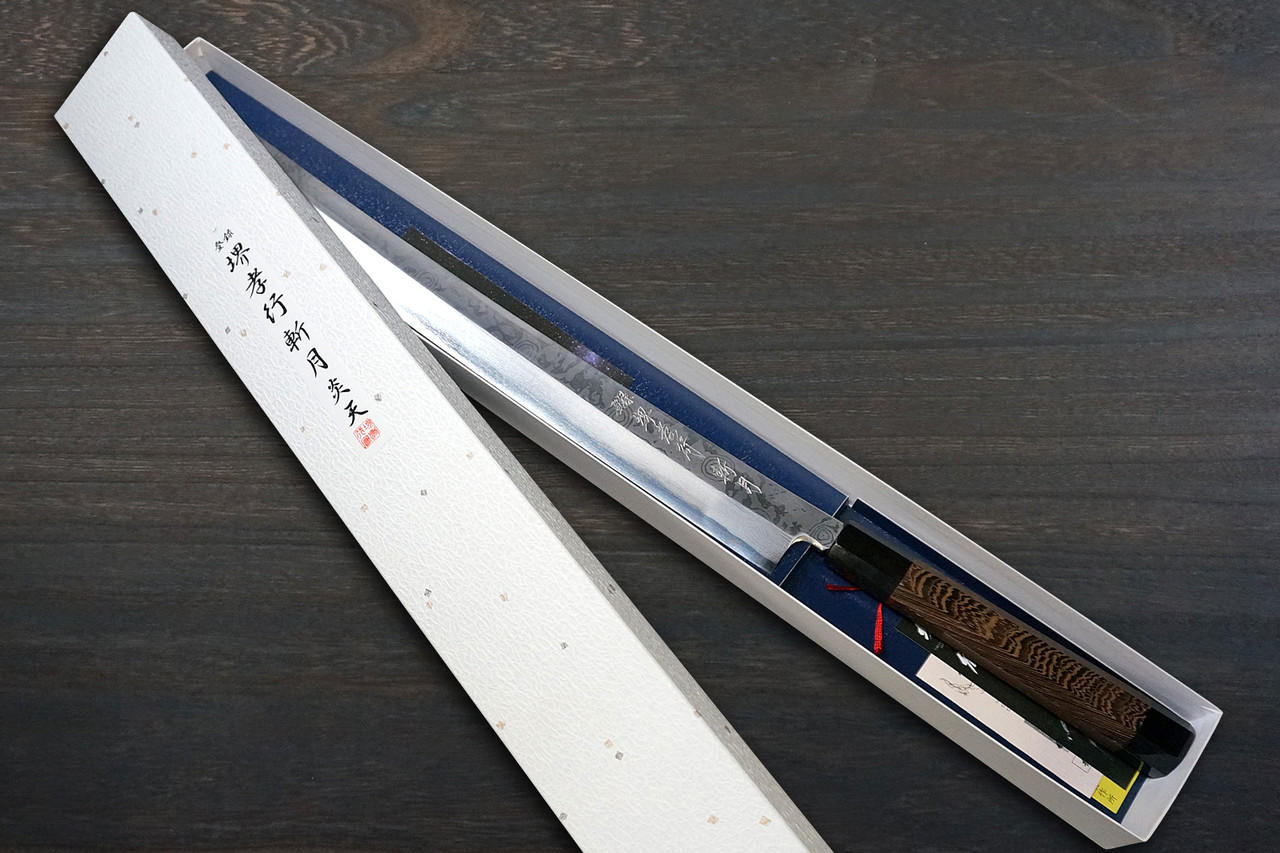 [Left Handed] Sakai Takayuki ZANGETSU ENTEN Ginsan Damascus Japanese Chef's Sakimaru-Takohiki(Sashimi) 360mm with Double Water Buffalo Ring Wenge Handle and Saya Sheath 