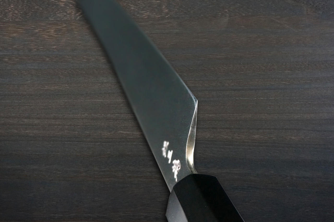 [Left Handed] Sakai Takayuki ZANGETSU ENTEN Ginsan Damascus Japanese Chef's Sakimaru-Takohiki(Sashimi) 360mm with Double Water Buffalo Ring Wenge Handle and Saya Sheath 