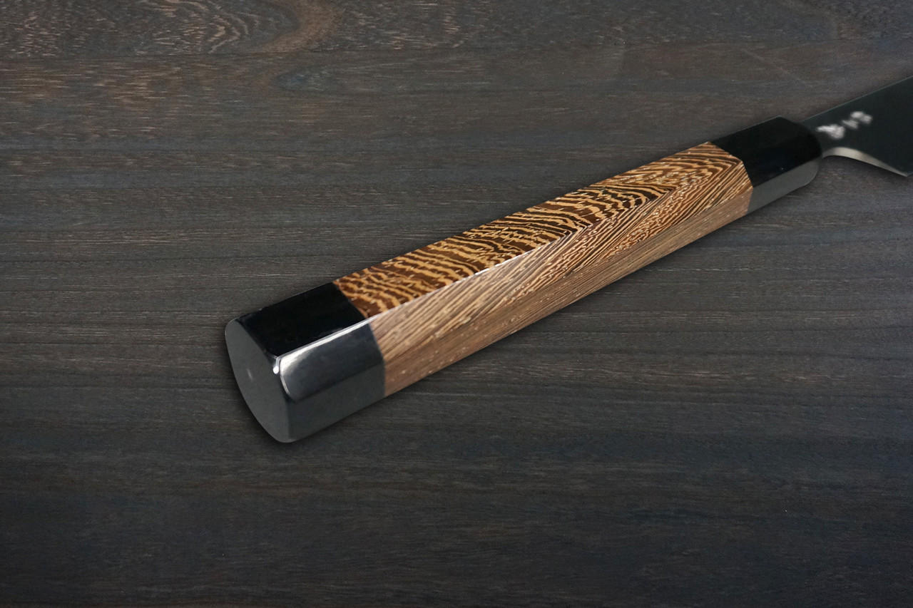 [Left Handed] Sakai Takayuki ZANGETSU ENTEN Ginsan Damascus Japanese Chef's Sakimaru-Takohiki(Sashimi) 360mm with Double Water Buffalo Ring Wenge Handle and Saya Sheath 