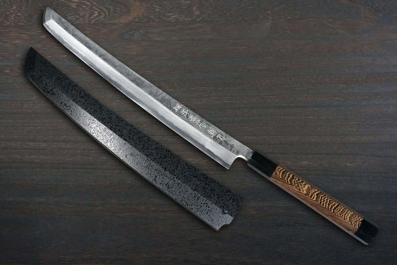 [Left Handed] Sakai Takayuki ZANGETSU ENTEN Ginsan Damascus Japanese Chef's Sakimaru-Takohiki(Sashimi) 360mm with Double Water Buffalo Ring Wenge Handle and Saya Sheath 
