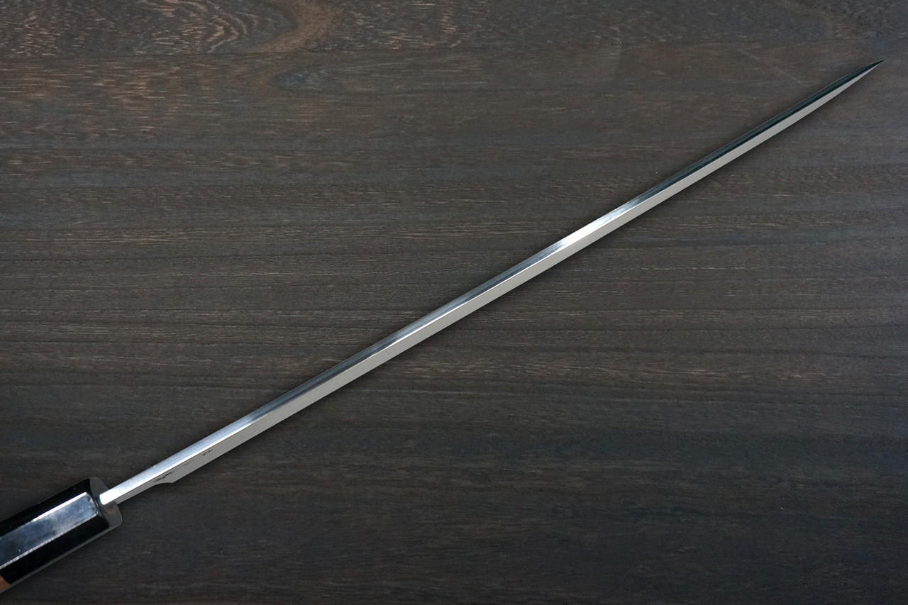 [Left Handed] Sakai Takayuki ZANGETSU ENTEN Ginsan Damascus Japanese Chef's Sakimaru-Takohiki(Sashimi) 360mm with Double Water Buffalo Ring Wenge Handle and Saya Sheath 