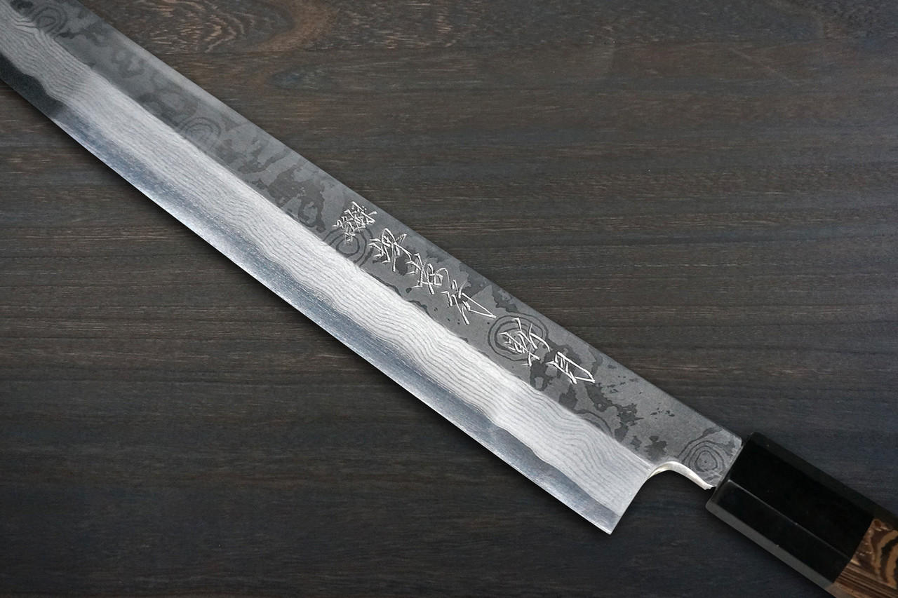 [Left Handed] Sakai Takayuki ZANGETSU ENTEN Ginsan Damascus Japanese Chef's Sakimaru-Takohiki(Sashimi) 360mm with Double Water Buffalo Ring Wenge Handle and Saya Sheath 