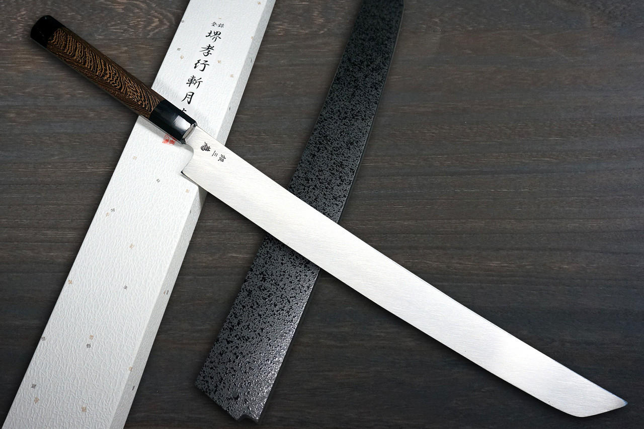 [Left Handed] Sakai Takayuki ZANGETSU ENTEN Ginsan Damascus Japanese Chef's Sakimaru-Takohiki(Sashimi) 360mm with Double Water Buffalo Ring Wenge Handle and Saya Sheath 