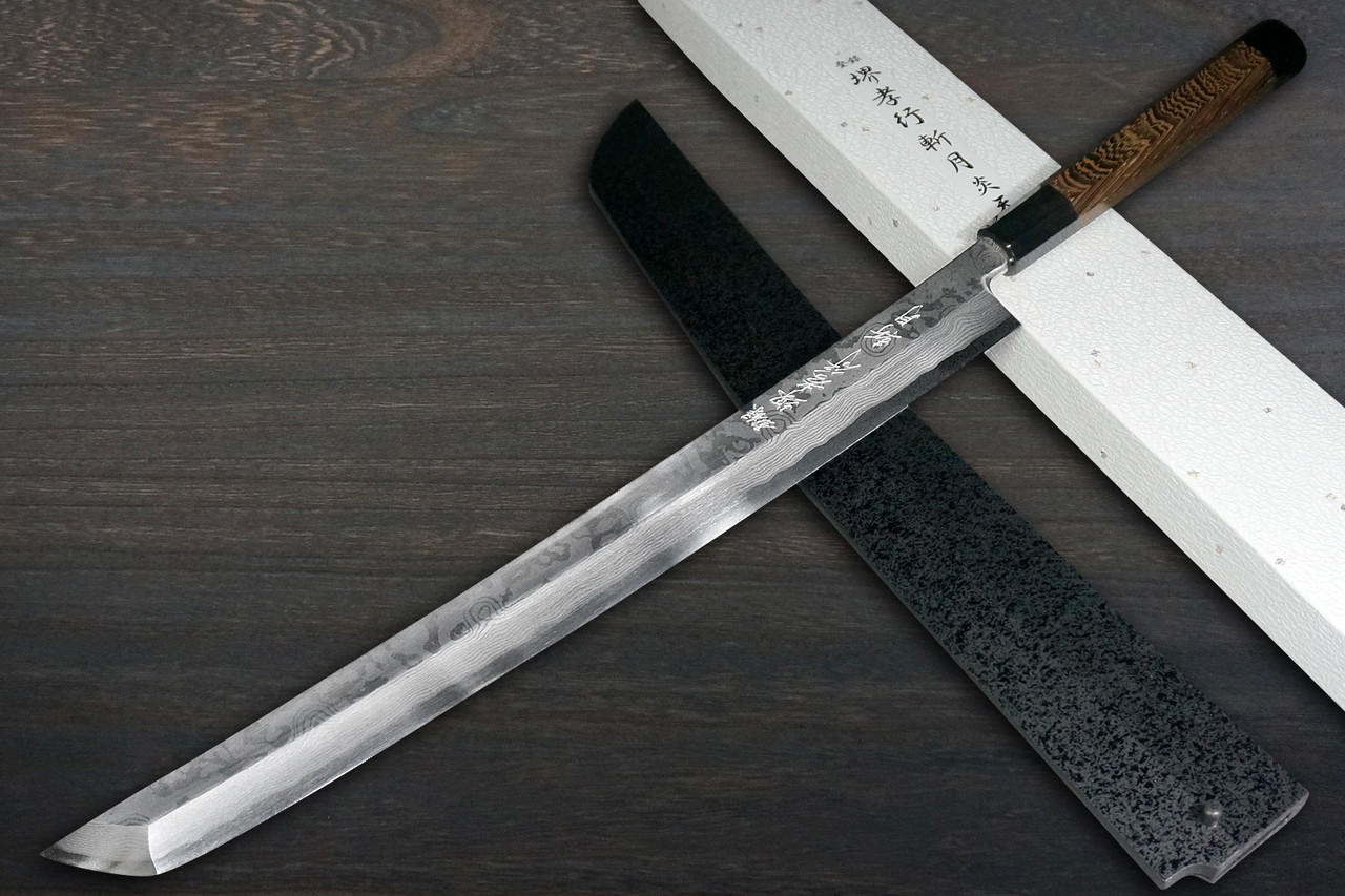 Left Handed] Sakai Takayuki ZANGETSU ENTEN Ginsan Damascus Japanese Chef's  Sakimaru-Takohiki(Sashimi) 390mm with Double Water Buffalo Ring Wenge  Handle and Saya Sheath | Japanese knives