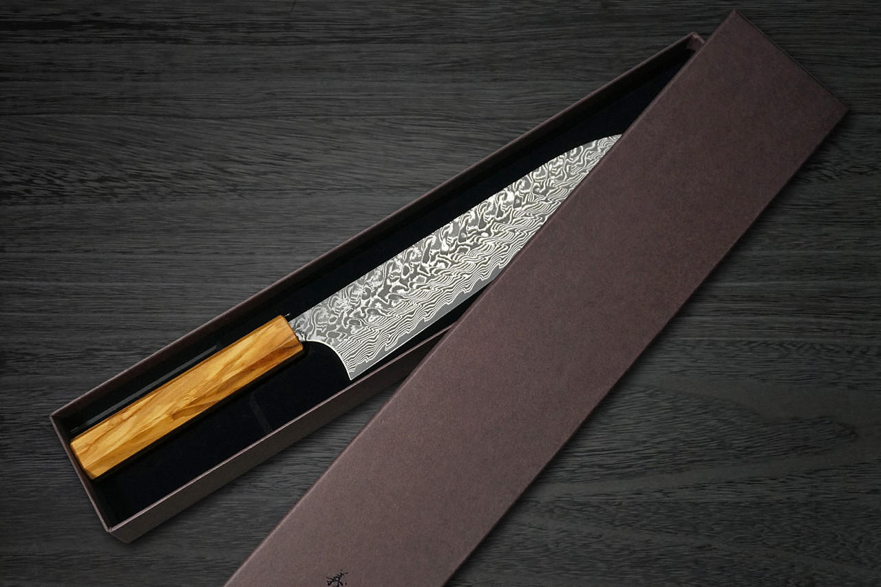 Yoshimi Kato R2 Black Damascus OL8N Japanese Chef's Gyuto Knife 210mm with Olive Handle 