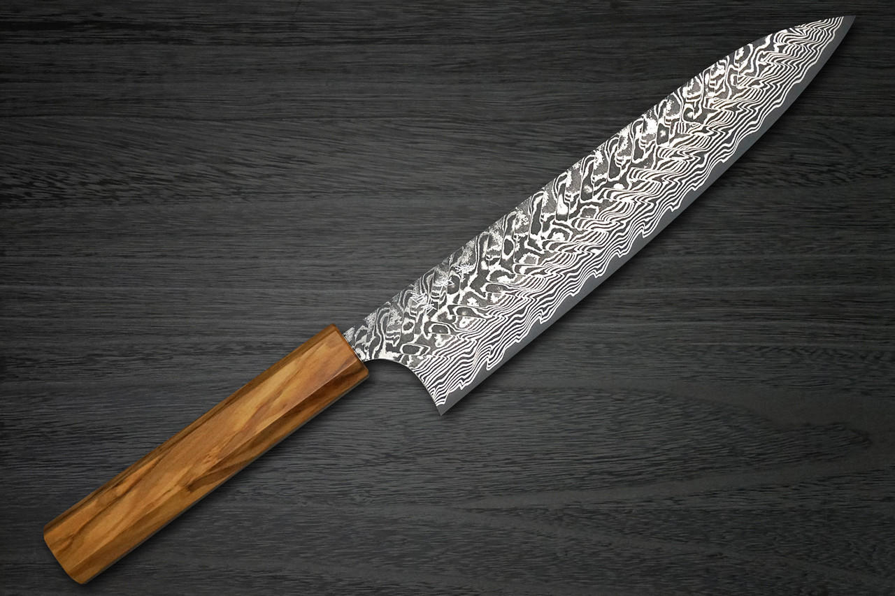 Yoshimi Kato R2 Black Damascus OL8N Japanese Chef's Gyuto Knife 210mm with Olive Handle 