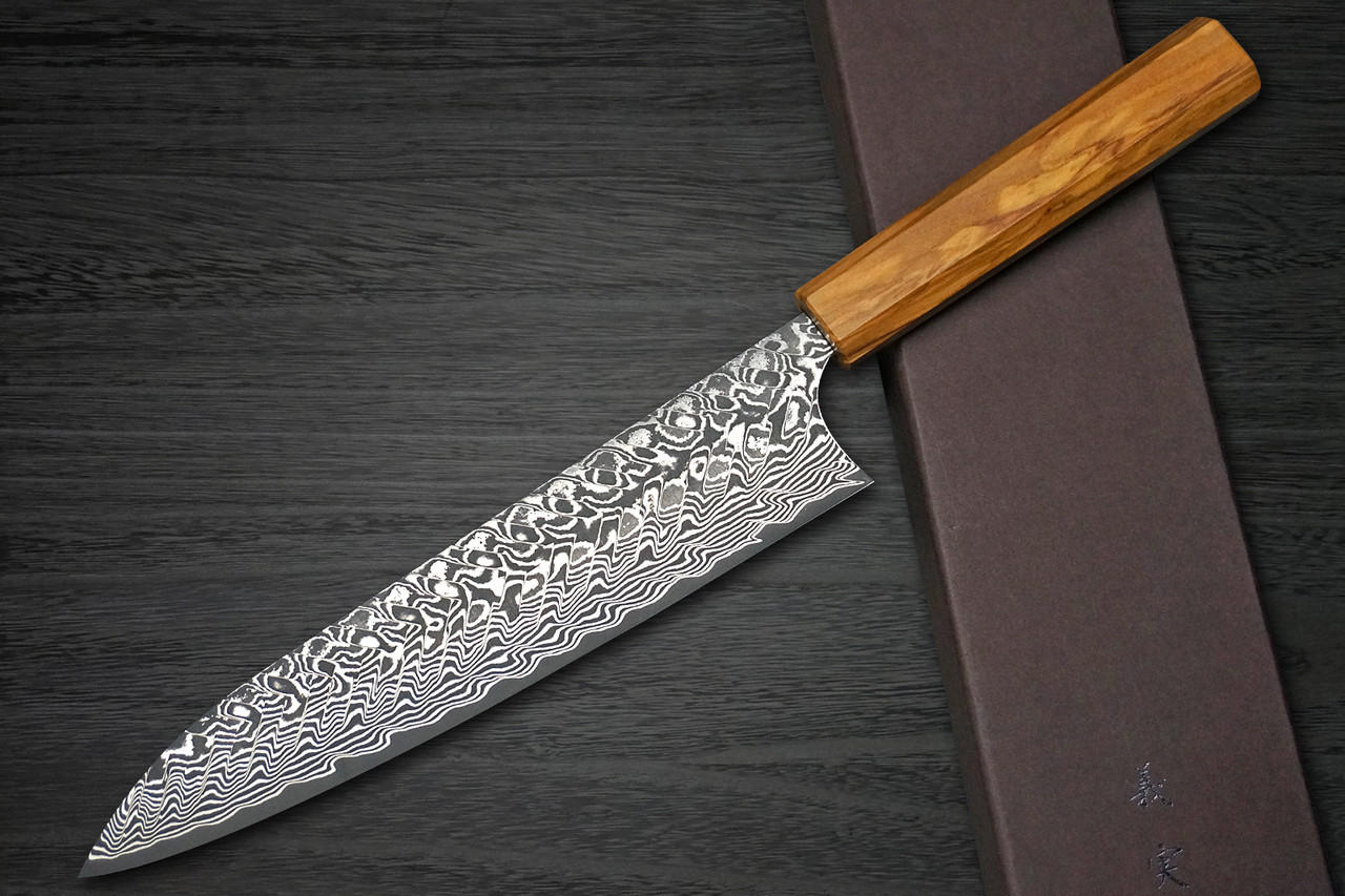 Yoshimi Kato R2 Black Damascus OL8N Japanese Chef's Gyuto Knife 210mm with Olive Handle 
