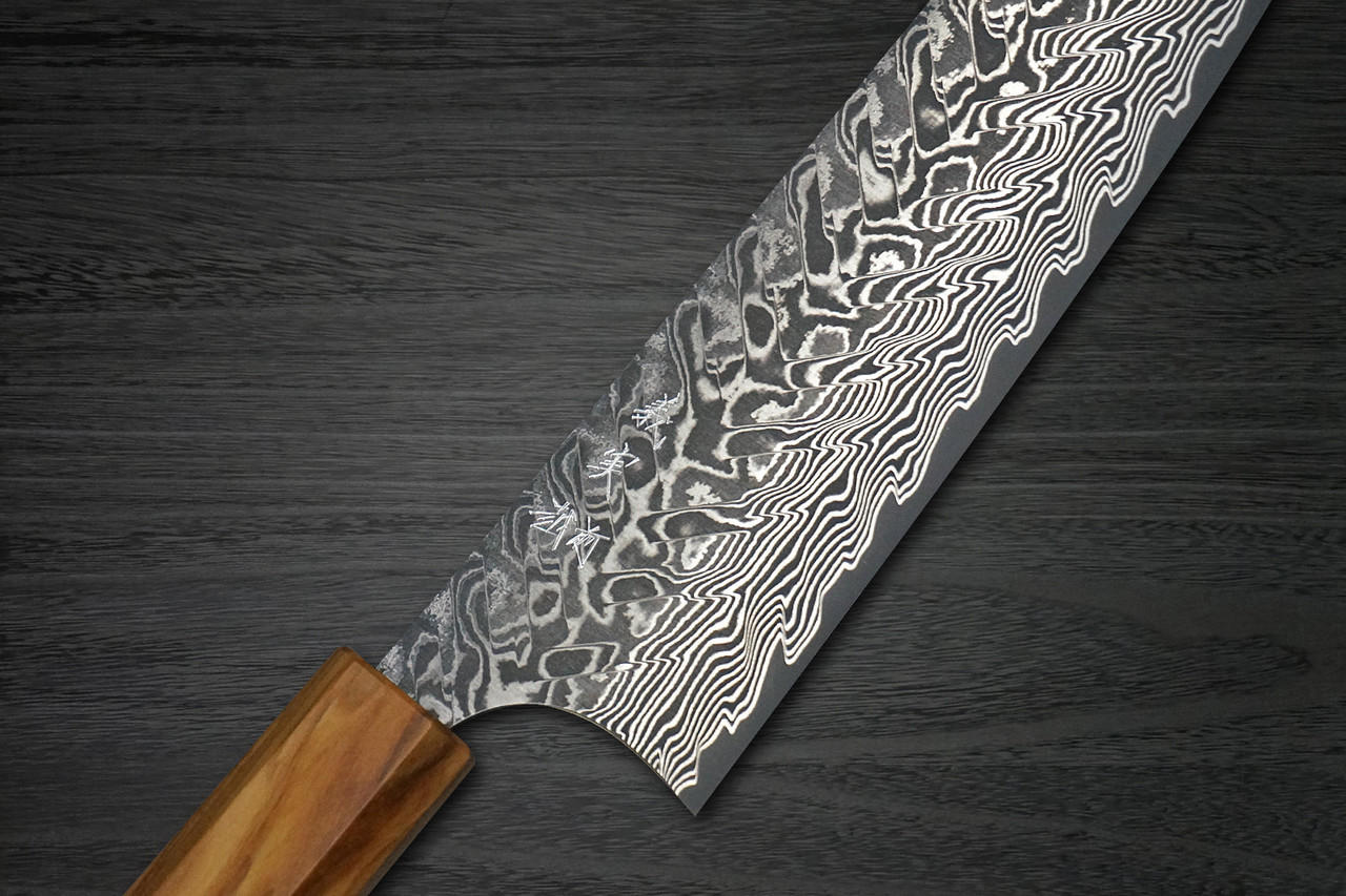 Yoshimi Kato R2 Black Damascus OL8N Japanese Chef's Gyuto Knife 210mm with Olive Handle 