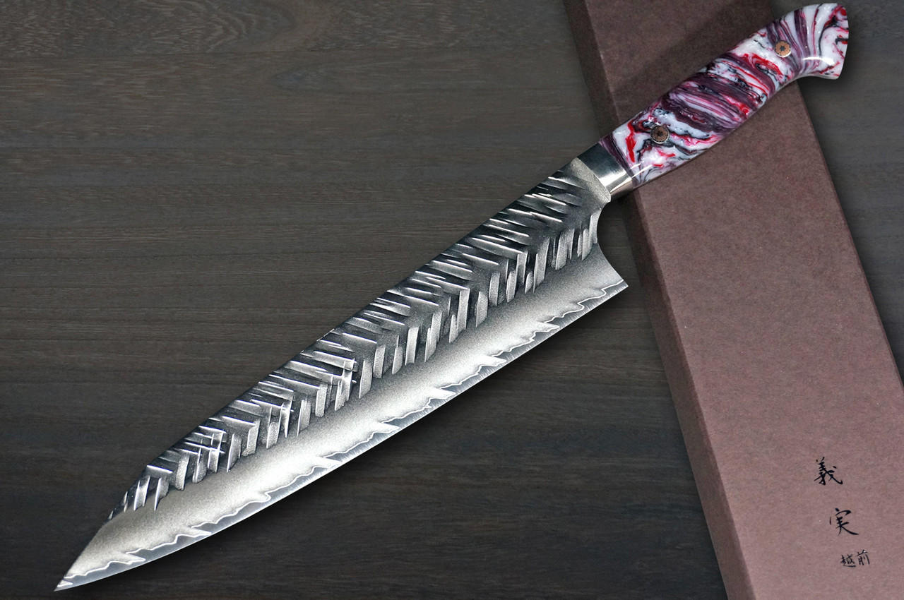 Yoshimi Kato R2 Bamboo-Hammered Japanese Chef's Kengata-Gyuto Knife 240mm  with White-Red Resin Custom Handle