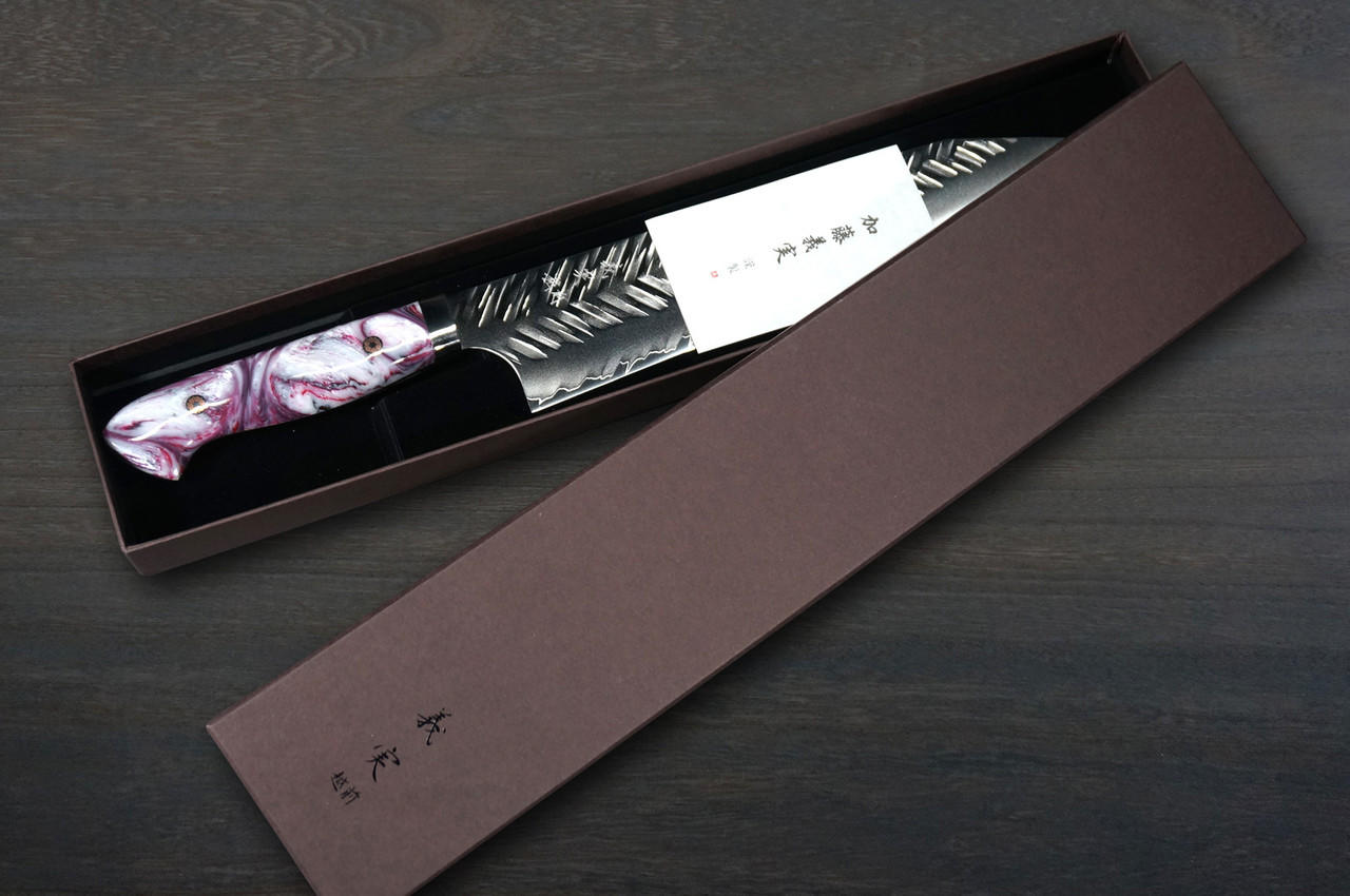 Yoshimi Kato R2 Bamboo-Hammered Japanese Chef's Kengata-Gyuto Knife 240mm  with White-Red Resin Custom Handle