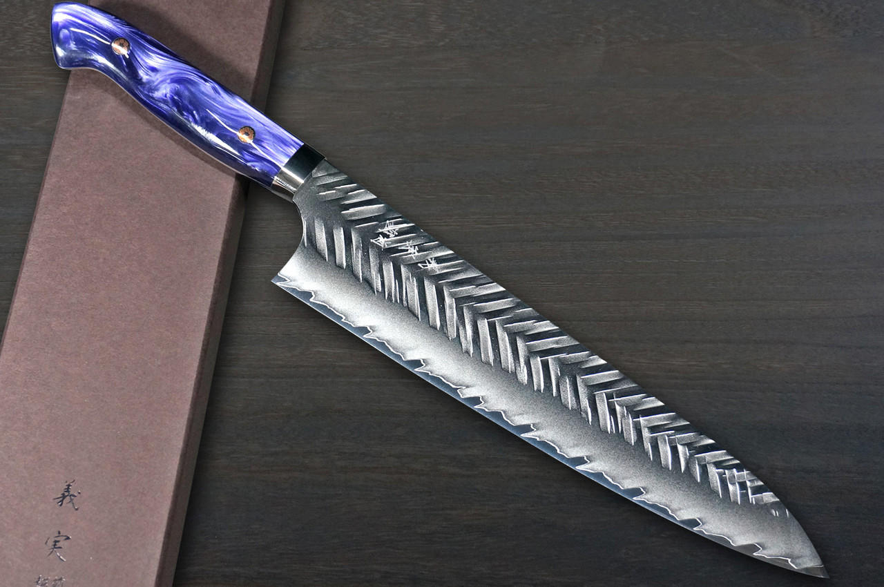Yoshimi Kato R2 Bamboo-Hammered Japanese Chef's Gyuto Knife 240mm with  Purple-White Resin Custom Handle