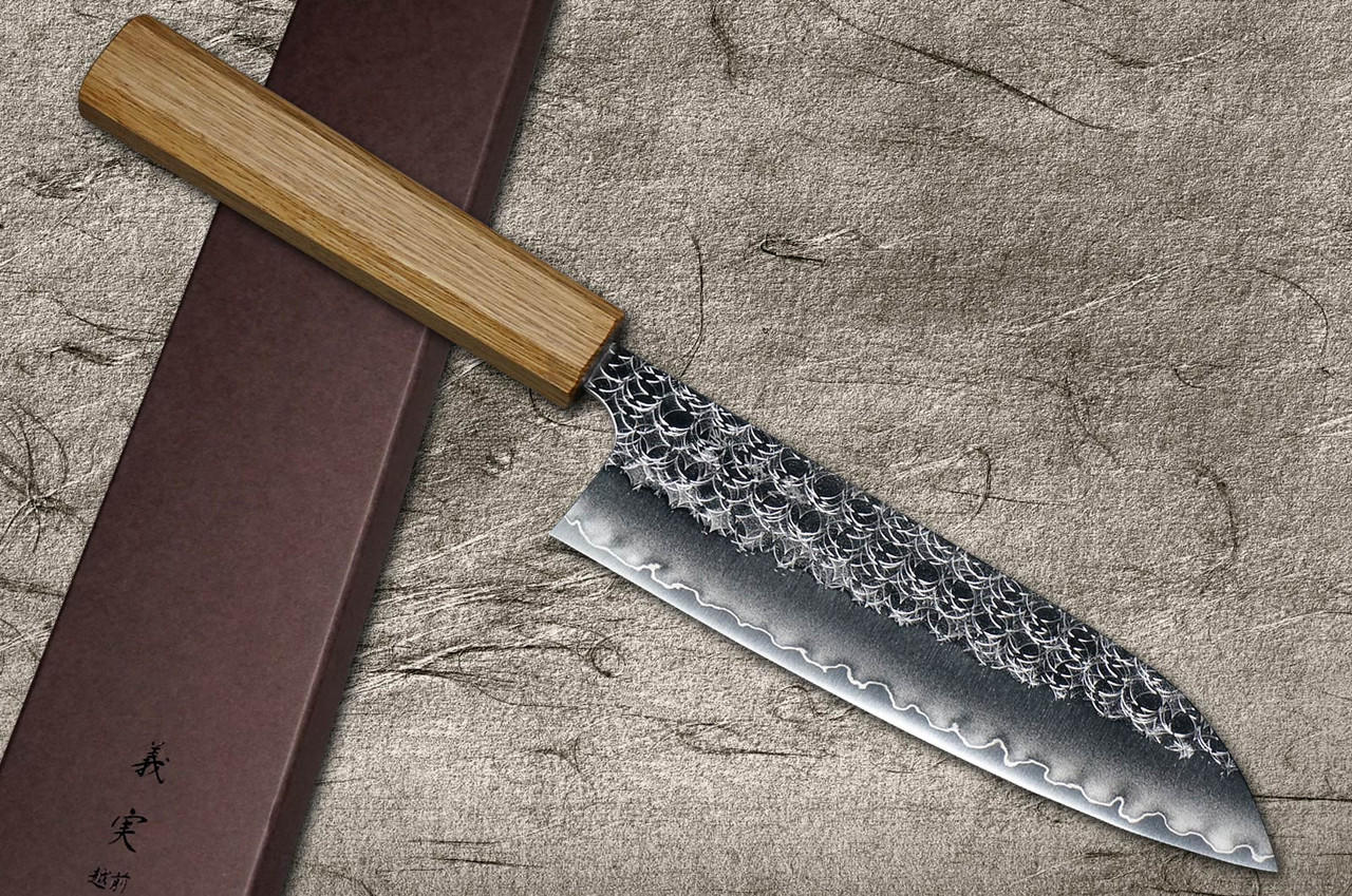吉见加藤R2 MINAMO锤纹OK8N日本厨师三德刀170毫米，带有漆涂橡木