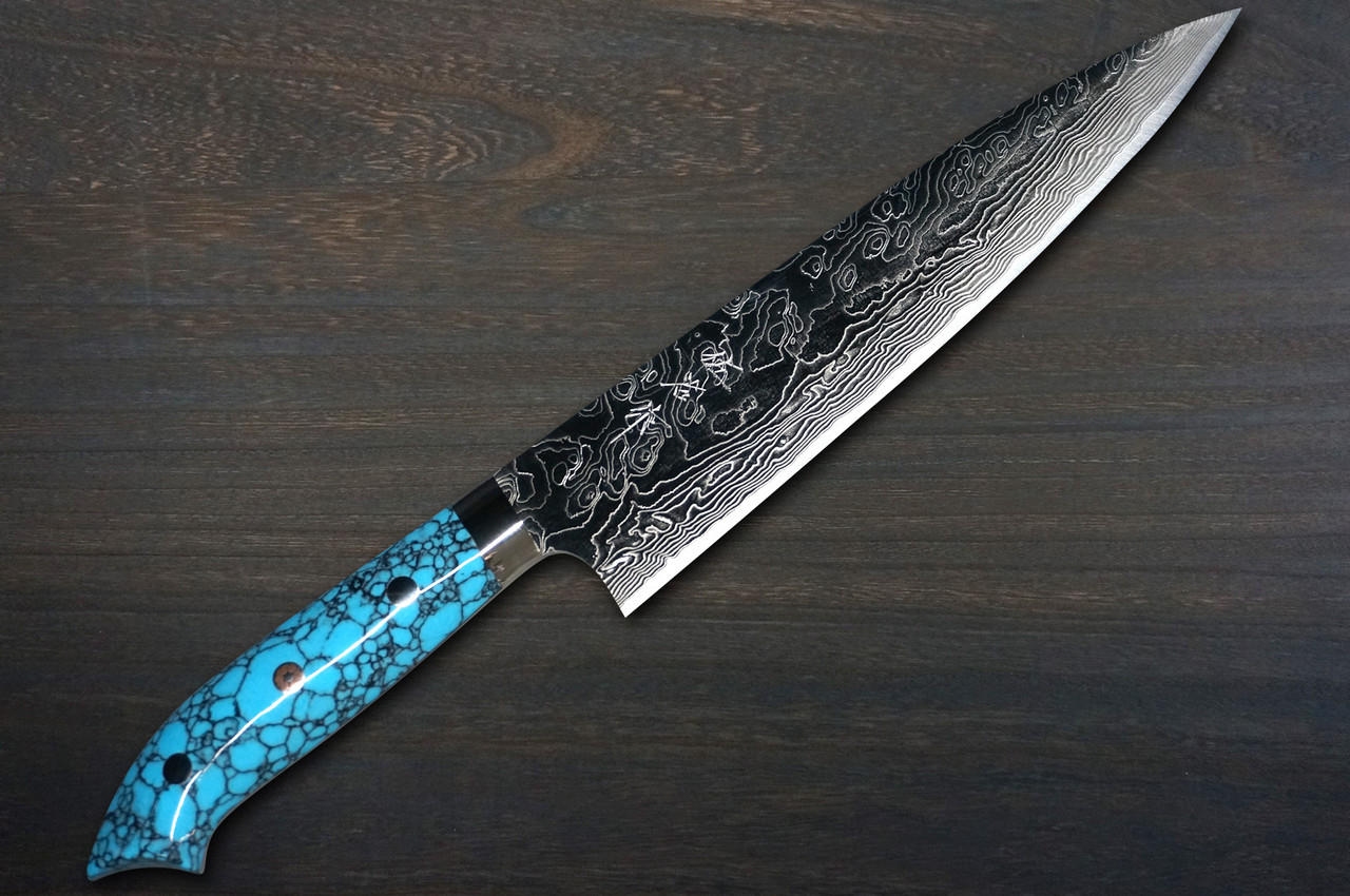 180mm Chef's Knife. Damascus AUS10 Full Tang. Layered G10 Scales (Blue –  Nacionale Bladeworks