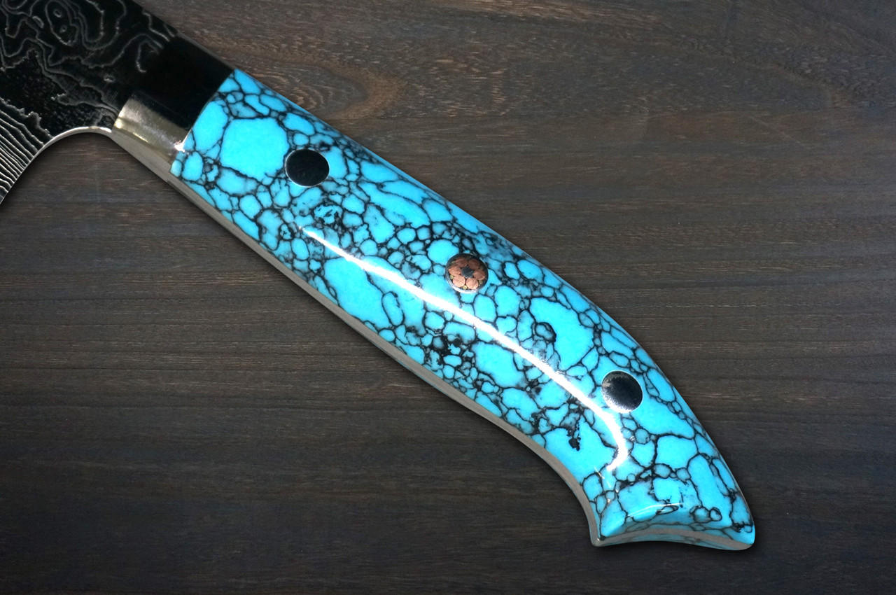 Takeshi Saji R2 Diamond Finish Damascus TCA Japanese Chef's Bunka Knife  180mm with Blue Turquoise Handle