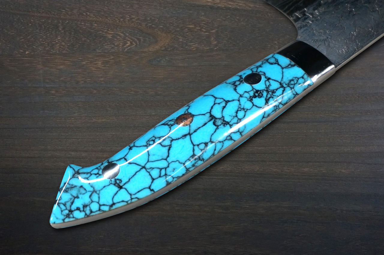 Takeshi Saji R2 Diamond Finish Damascus NNM Japanese Chef's Gyuto Knife  210mm with Blue Turquoise Handle Nomura Special