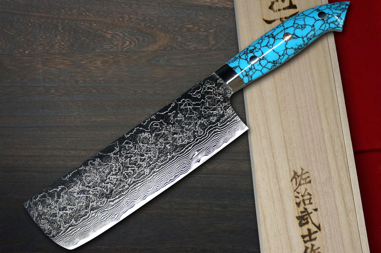 Takeshi Saji R2 Diamond Finish Damascus TCR Japanese Chef's Gyuto Knife  210mm with Red Turquoise Handle