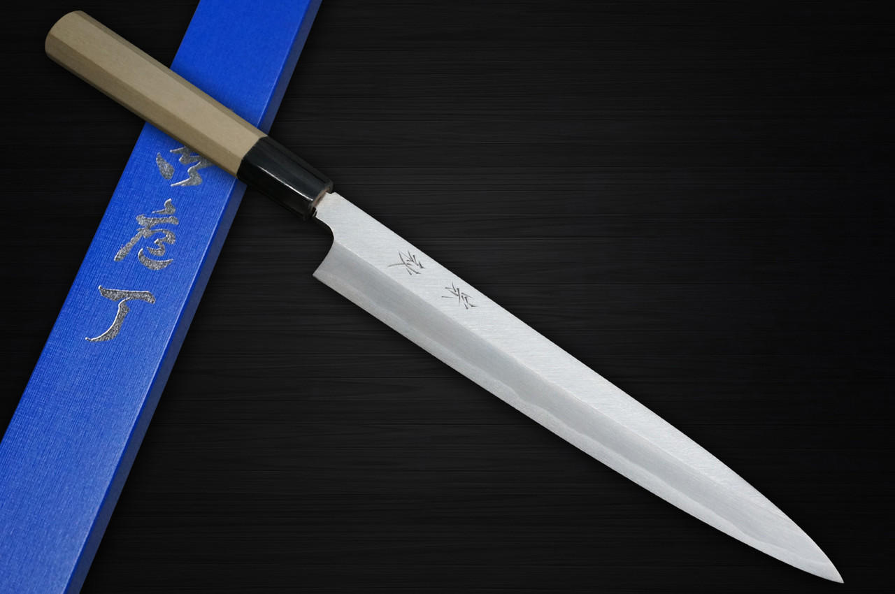 菊一丸 鞘入 小刀 120mm (10) Muneaki White Steel Migaki 日本厨师用柳叶刀（生鱼片）240毫米
