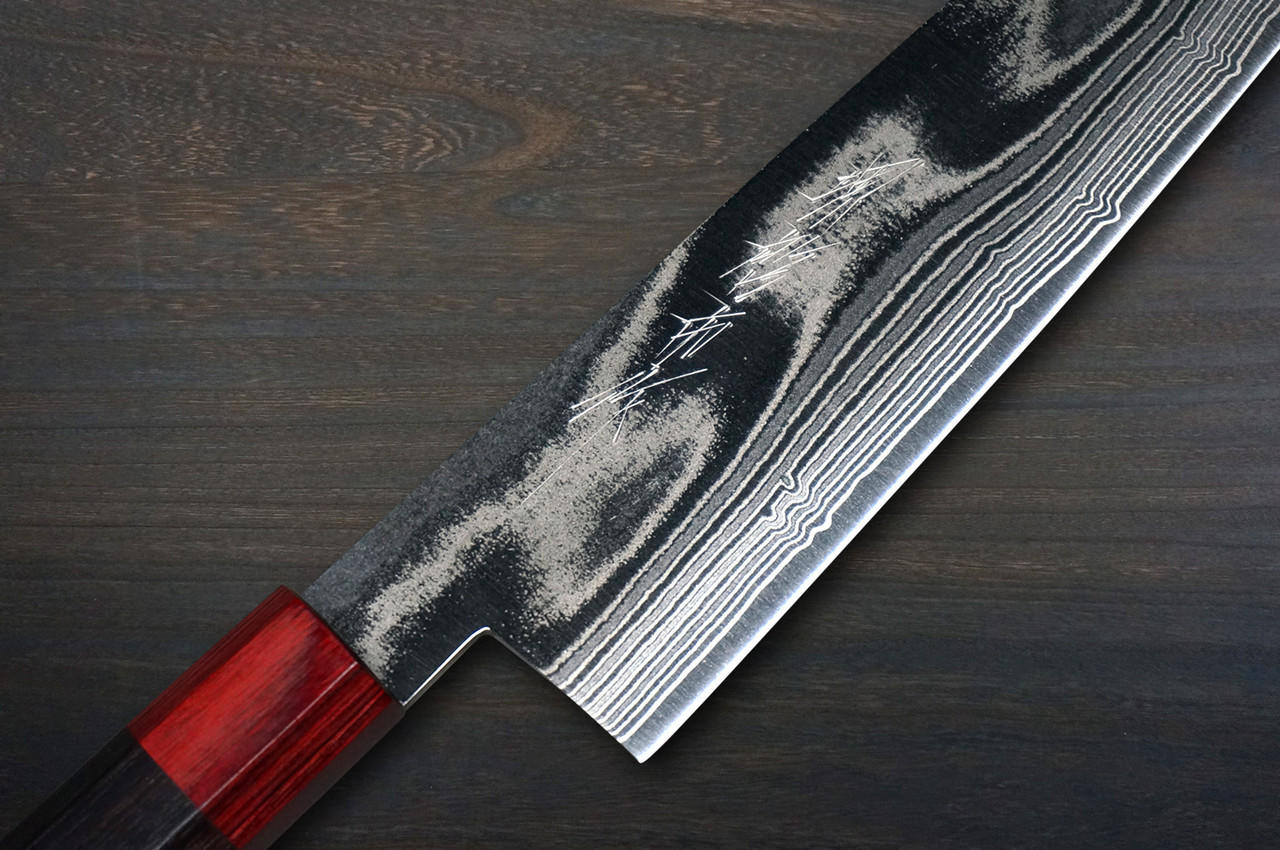 Keiichi Fujii AUS10 Nickel Damascus RS8R Japanese Chef's Gyuto Knife 240mm with Urushi Lacquered Oak Handle 
