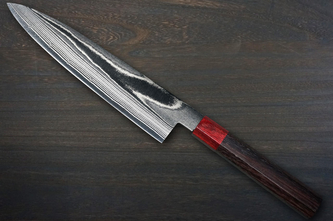 Keiichi Fujii AUS10 Nickel Damascus RS8R Japanese Chef's Gyuto Knife 240mm with Urushi Lacquered Oak Handle 
