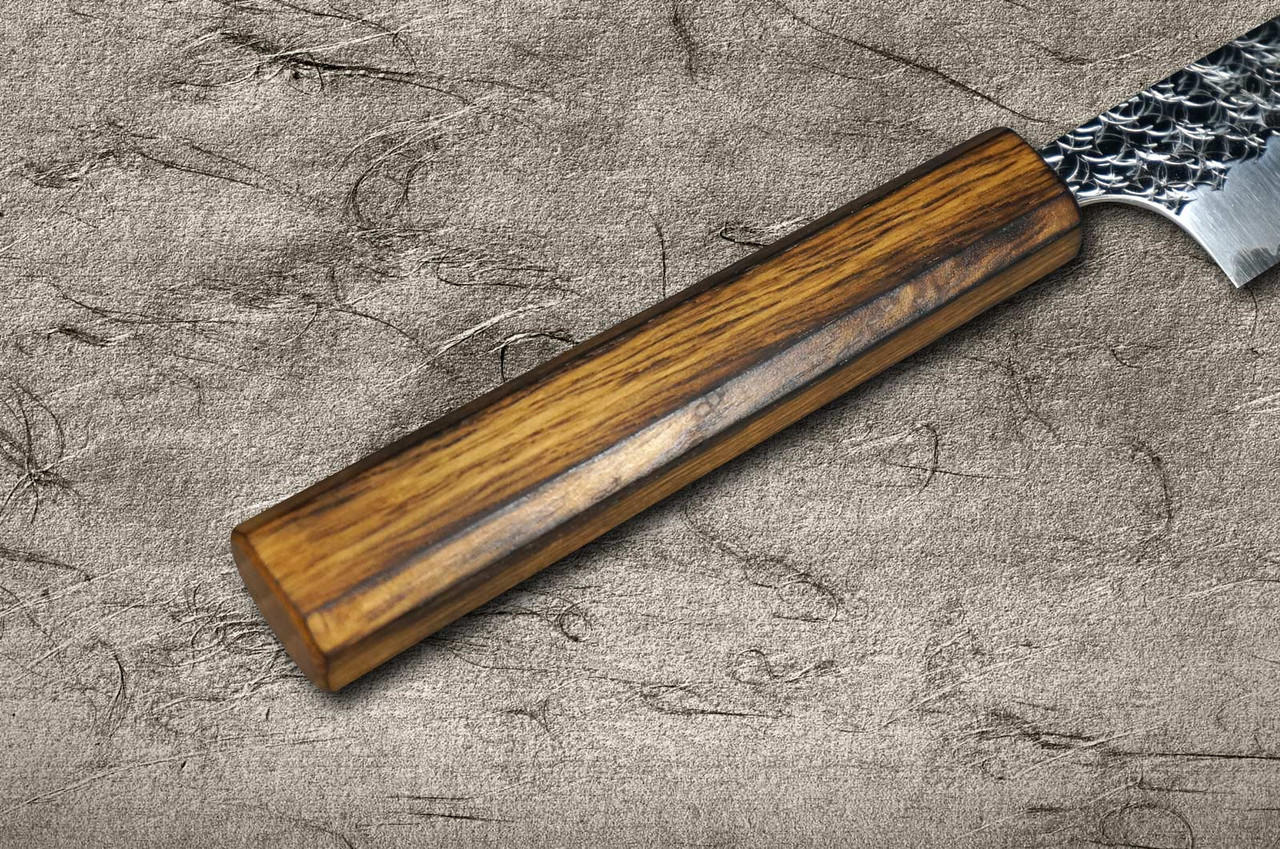 Yoshimi Kato R2 MINAMO Hammered OK8B Japanese Chef's Slicer(Sujihiki) 270mm with Urushi Lacquered Oak Handle Dark Brown 