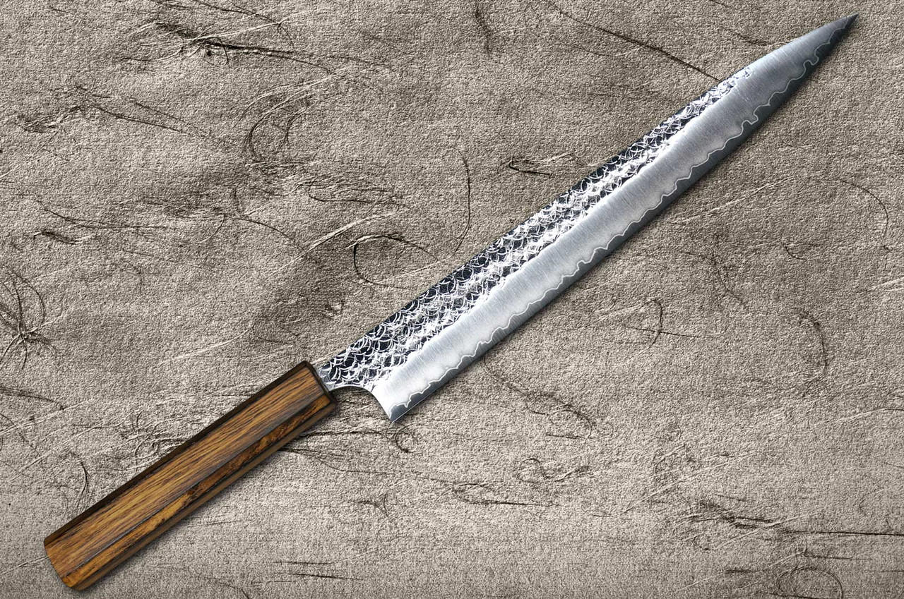 Yoshimi Kato R2 MINAMO Hammered OK8B Japanese Chef's Slicer(Sujihiki) 270mm with Urushi Lacquered Oak Handle Dark Brown 
