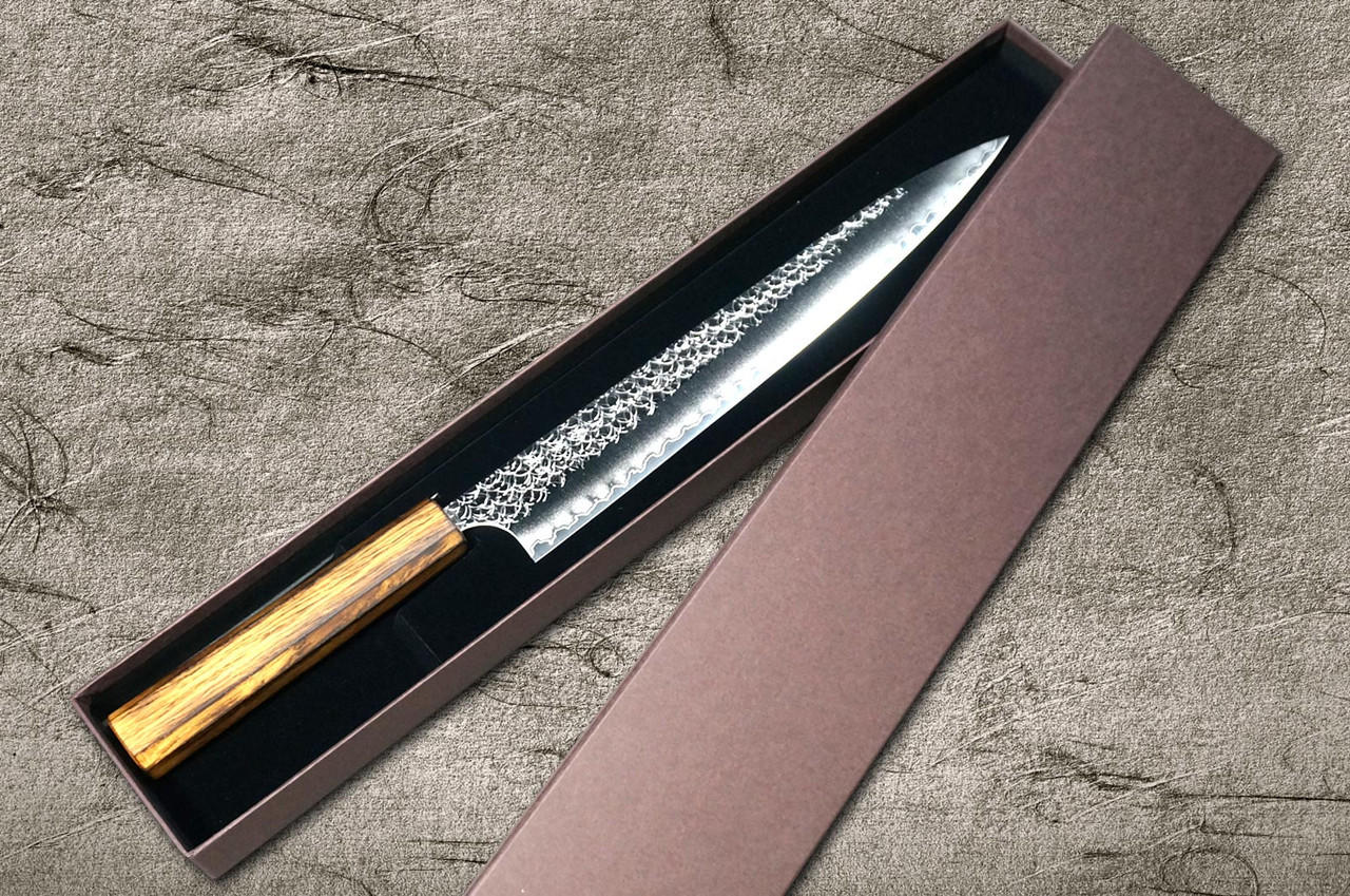 Yoshimi Kato R2 MINAMO Hammered OK8B Japanese Chef's Slicer(Sujihiki) 270mm with Urushi Lacquered Oak Handle Dark Brown 