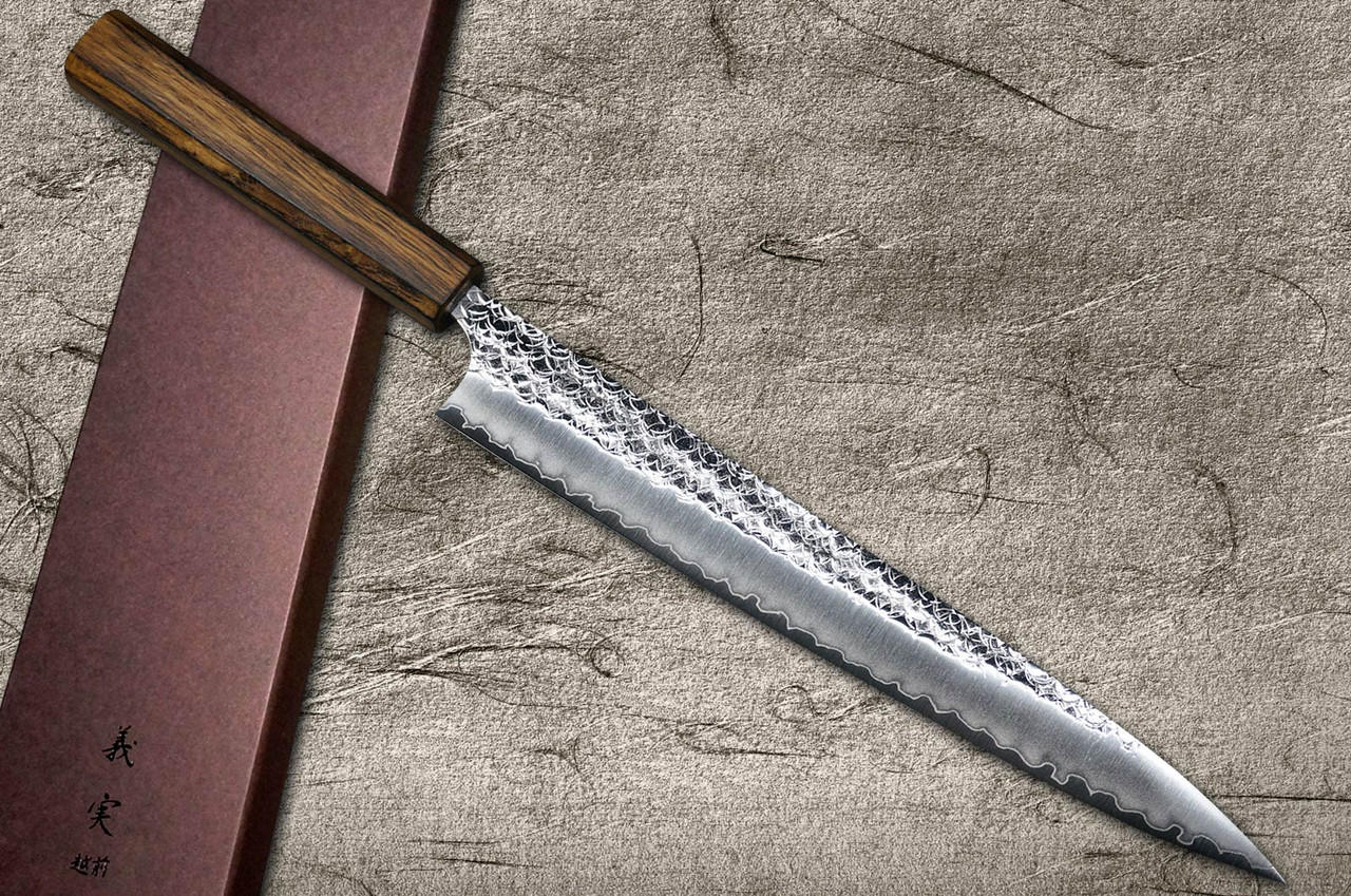 Yoshimi Kato R2 MINAMO Hammered OK8B Japanese Chef's Slicer(Sujihiki) 270mm with Urushi Lacquered Oak Handle Dark Brown 