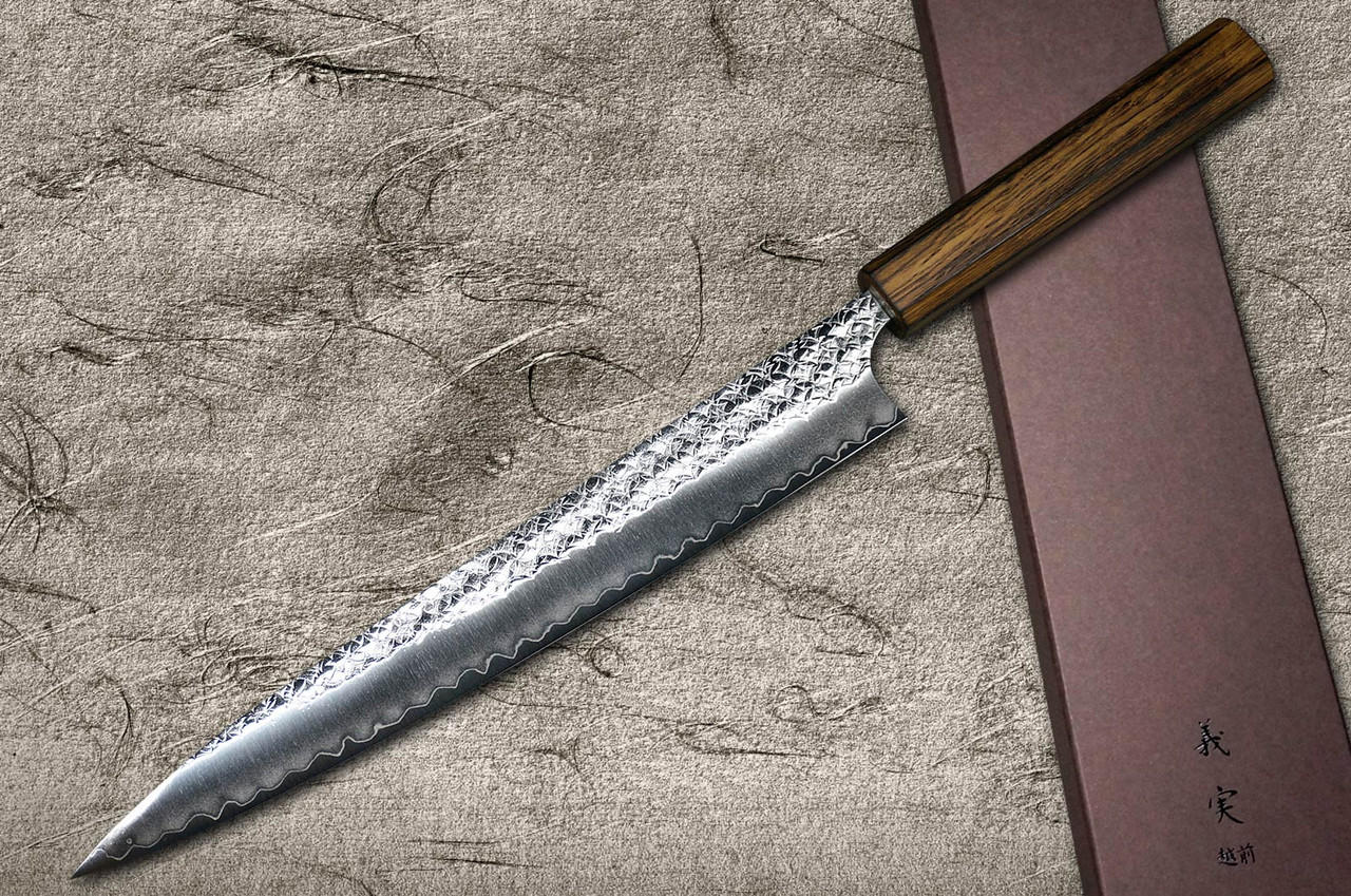 Yoshimi Kato R2 MINAMO Hammered OK8B Japanese Chef's Slicer(Sujihiki) 270mm with Urushi Lacquered Oak Handle Dark Brown 