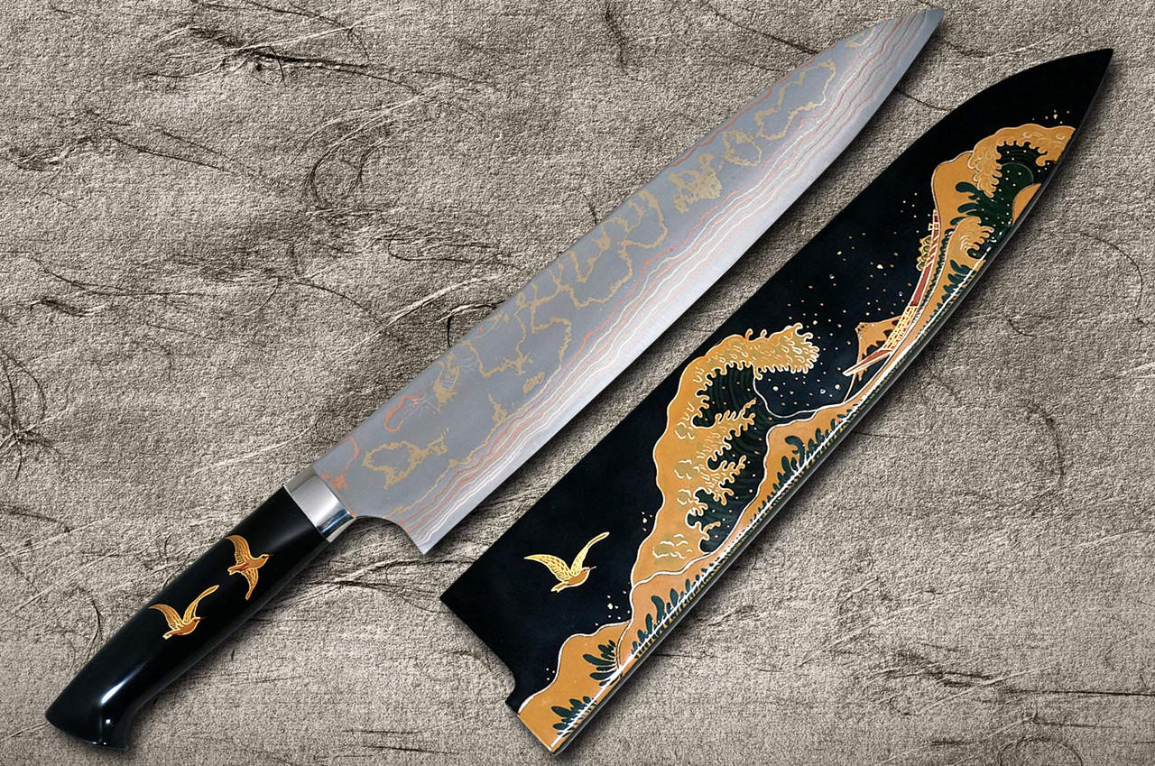 武佐治蒔绘艺术青纸2号色大马士革日本厨师牛刀270毫米带漆鞘和定制手柄