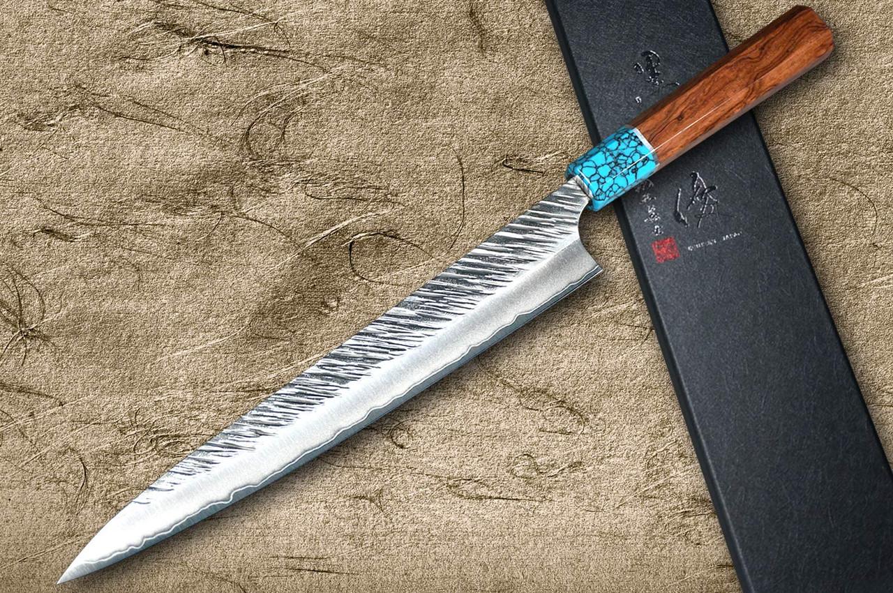 Yu Kurosaki SPG2 Clad FUJIN WA RSTCA Japanese Chef's Slicer(Sujihiki) 240mm with Blue Turquoise & Rosewood Handle 