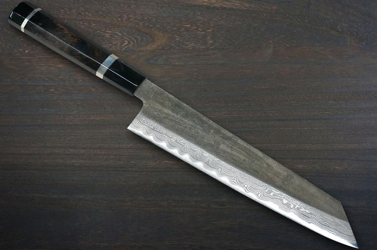 Satoshi Nakagawa Aogami#1 Damascus Kurouchi EBBFB2 Japanese Chef's Kiritsuke-Gyuto Knife 240mm with Double Buffalo Ringed Ebony Handle 