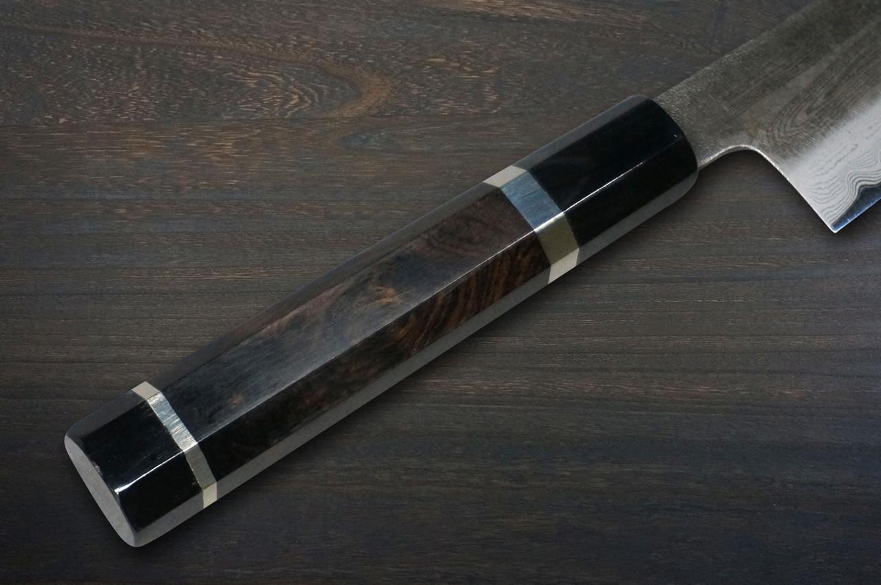 Satoshi Nakagawa Aogami#1 Damascus Kurouchi EBBFB2 Japanese Chef's Kiritsuke-Gyuto Knife 240mm with Double Buffalo Ringed Ebony Handle 