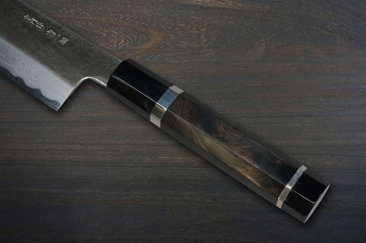 Satoshi Nakagawa Aogami#1 Damascus Kurouchi EBBFB2 Japanese Chef's Kiritsuke-Gyuto Knife 240mm with Double Buffalo Ringed Ebony Handle 