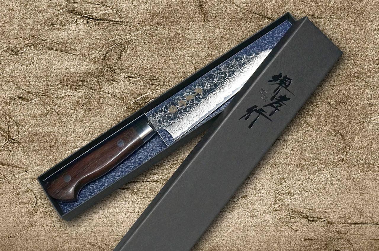 Sakai Takayuki SPG2 Damascus Hammered IRN Japanese Chef's Petty Knife(Utility) 120mm with Desert Ironwood Handle 