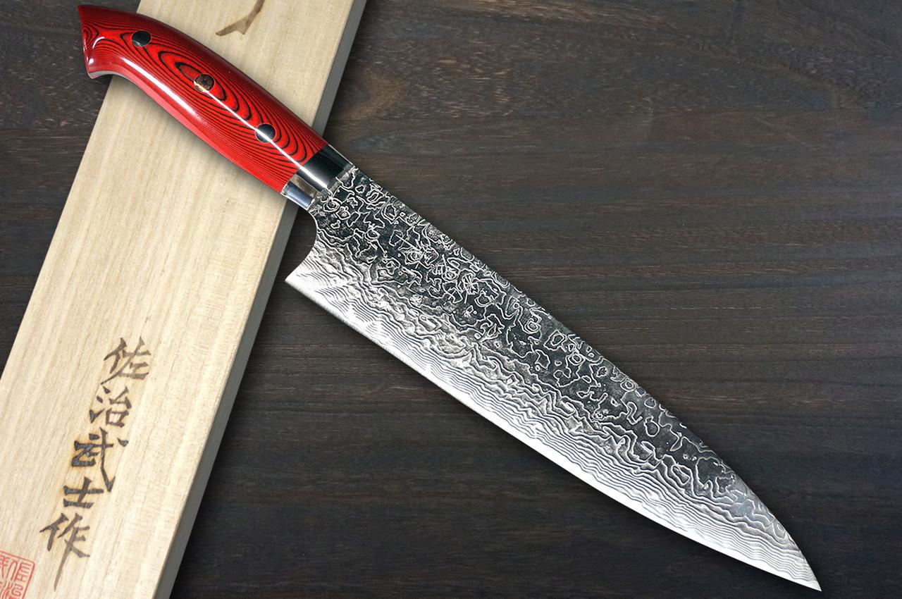 Takeshi Saji R2 Diamond Finish Damascus MCRB-NNM Japanese Chef's Gyuto Knife 210mm with Dark-Red Micarta Handle Nomura Special 
