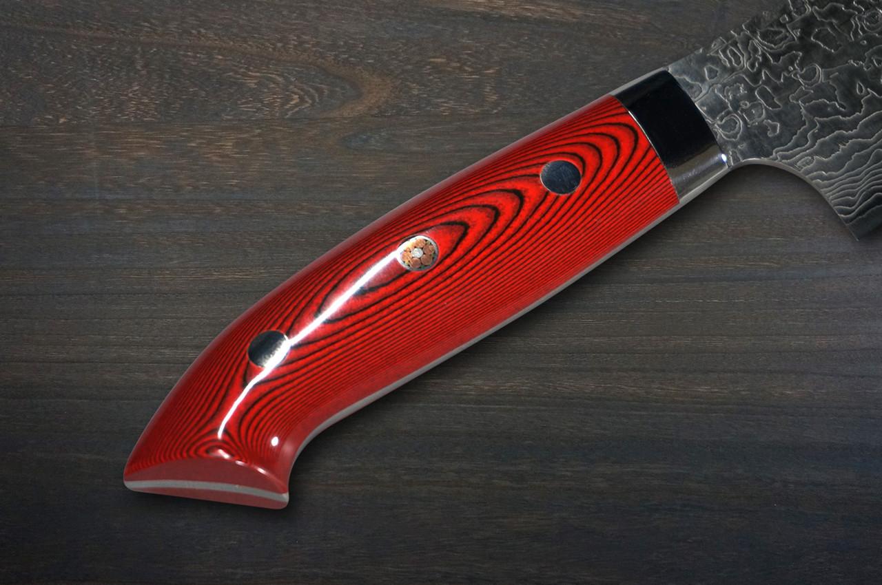 Takeshi Saji R2 Diamond Finish Damascus MCRB-NNM Japanese Chef's Gyuto Knife 210mm with Dark-Red Micarta Handle Nomura Special 