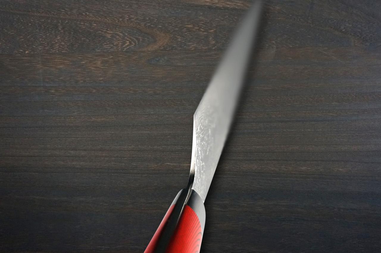 Takeshi Saji R2 Diamond Finish Damascus MCRB-NNM Japanese Chef's Gyuto Knife 210mm with Dark-Red Micarta Handle Nomura Special 