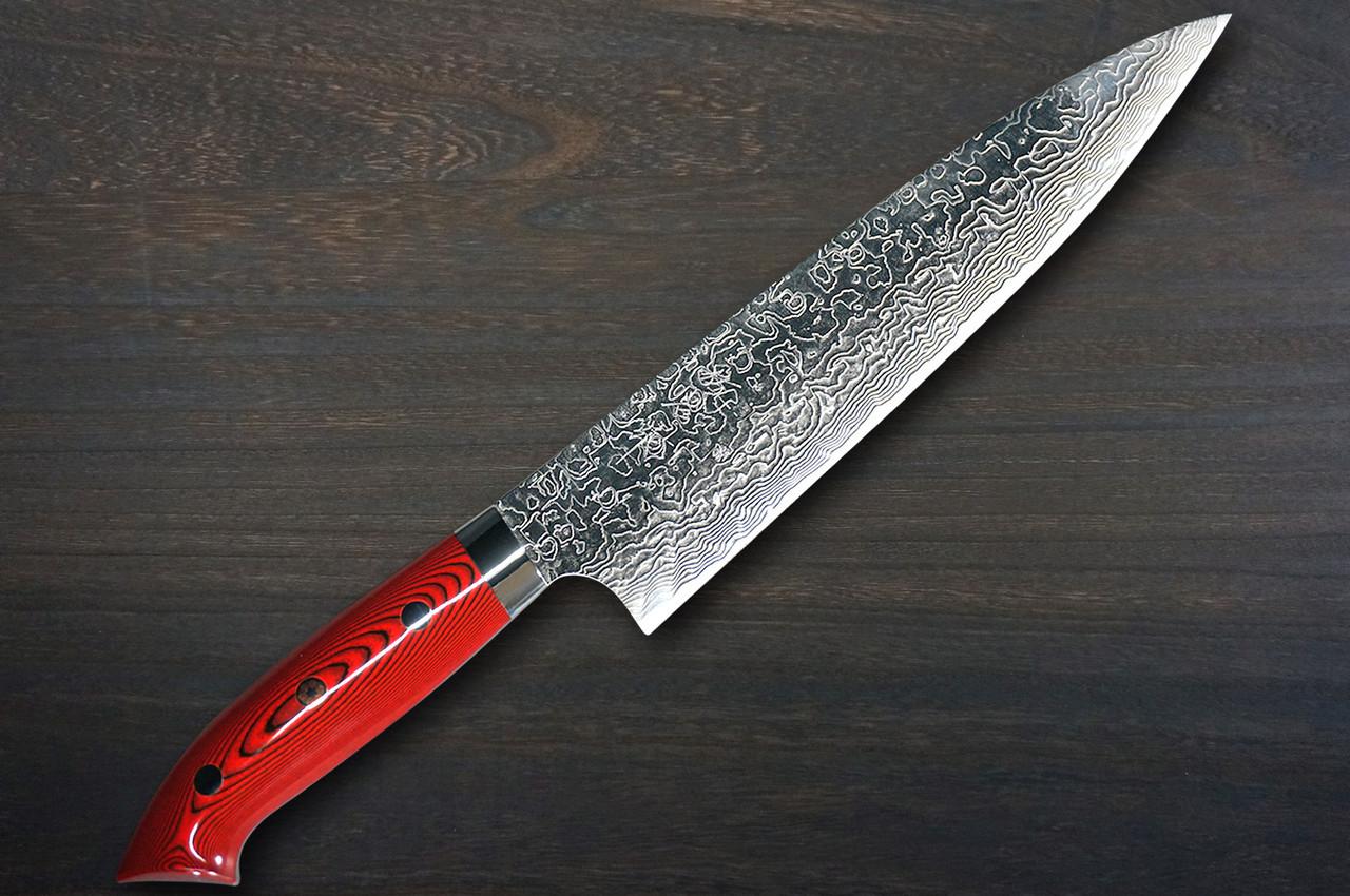 Takeshi Saji R2 Diamond Finish Damascus MCRB-NNM Japanese Chef's Gyuto Knife 210mm with Dark-Red Micarta Handle Nomura Special 