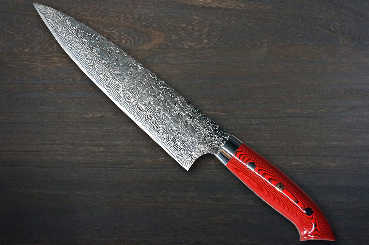 Takeshi Saji R2 Diamond Finish Damascus MCRB-NNM Japanese Chef's Gyuto Knife 210mm with Dark-Red Micarta Handle Nomura Special 