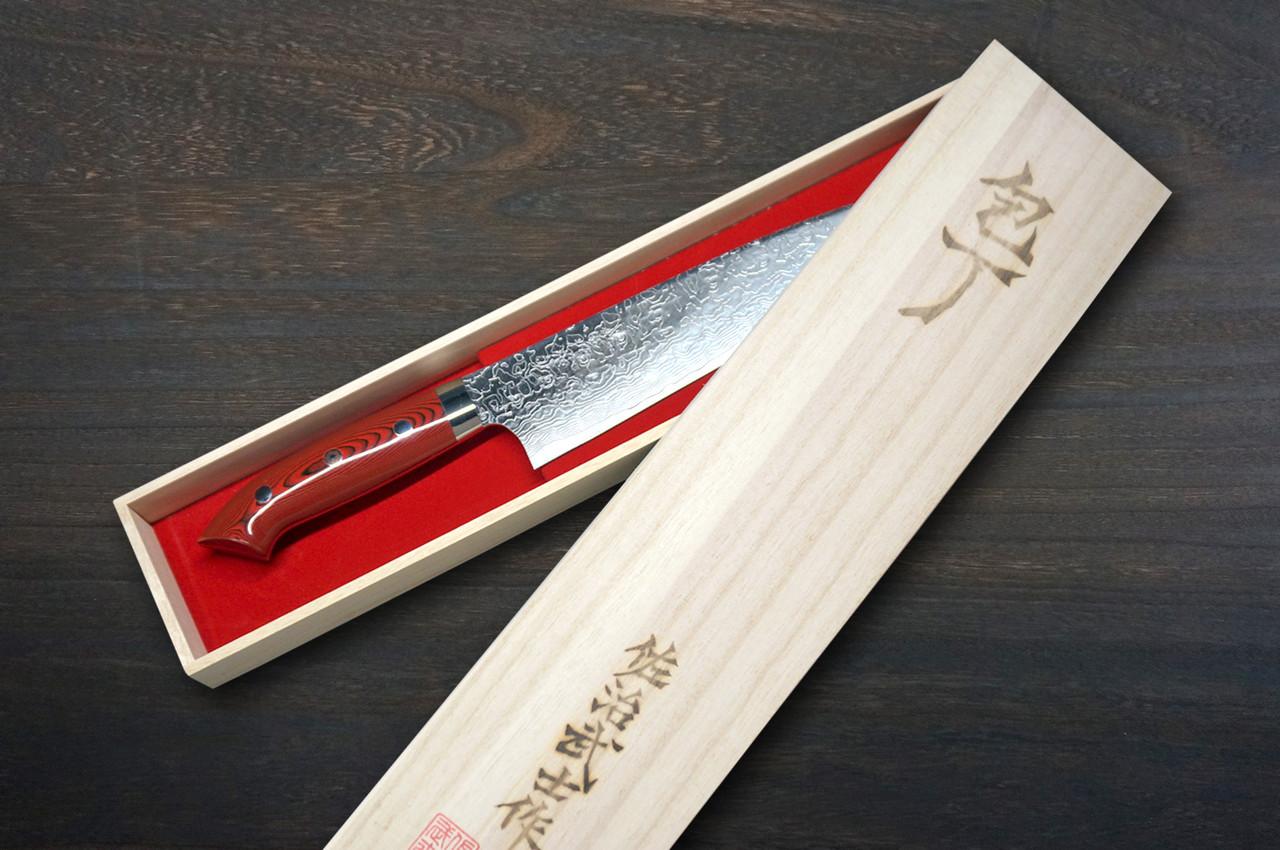 Takeshi Saji R2 Diamond Finish Damascus MCRB-NNM Japanese Chef's Gyuto Knife 210mm with Dark-Red Micarta Handle Nomura Special 