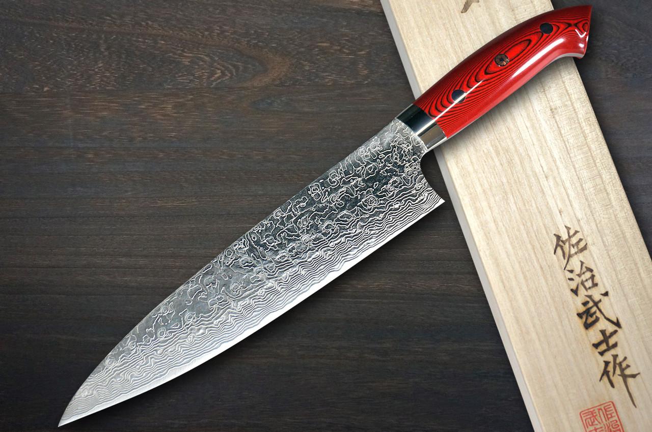 Takeshi Saji R2 Diamond Finish Damascus MCRB-NNM Japanese Chef's Gyuto Knife 210mm with Dark-Red Micarta Handle Nomura Special 